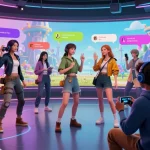 Engaging scene of users interacting with NSFW character AI avatars in a vibrant virtual gaming space.