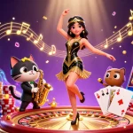 Experience the exciting world of nhà cái o8 as vibrant characters celebrate with cascading coins and casino symbols.