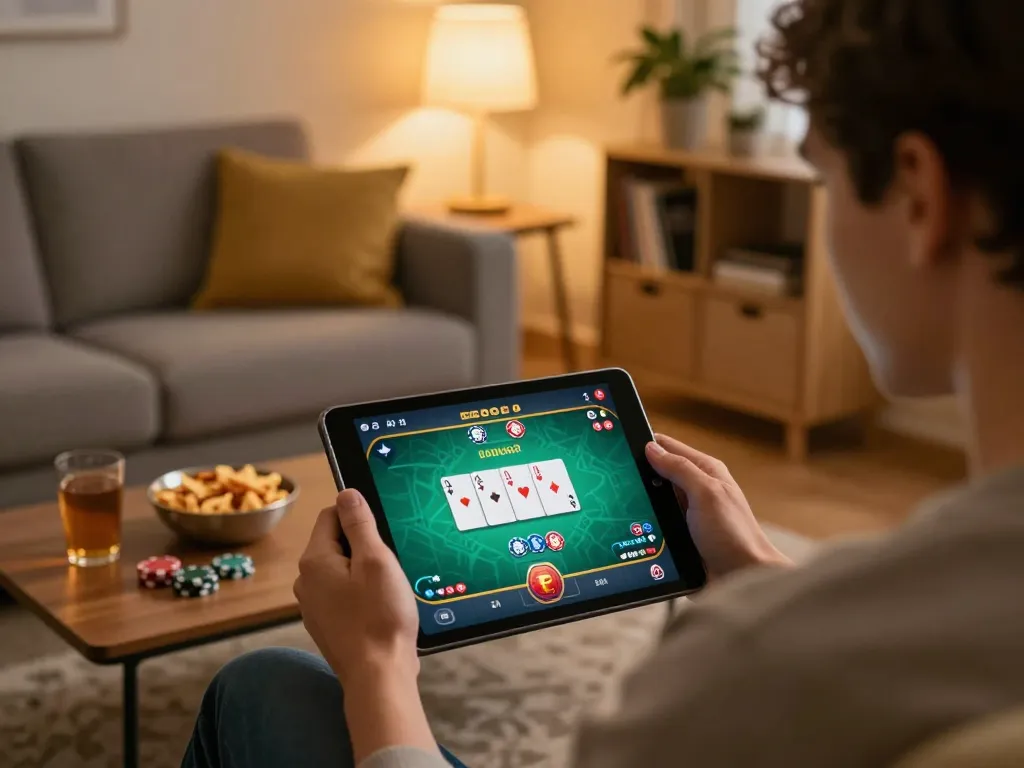 Engaging online gaming session at home with 33win poker interface on tablet