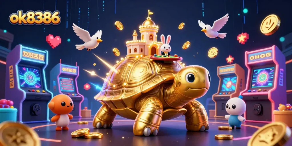 Experience thrilling action with ok8386 at the vibrant casino scene featuring a tortoise with a casino palace.