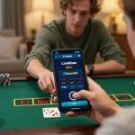 F168 mobile casino app user strategically placing bets in a cozy home setting.