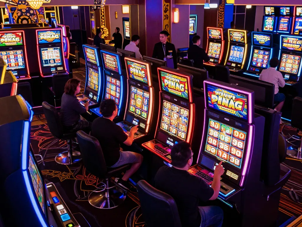 Players engaging with nổ hũ slot machines in a lively casino atmosphere, celebrating potential wins.