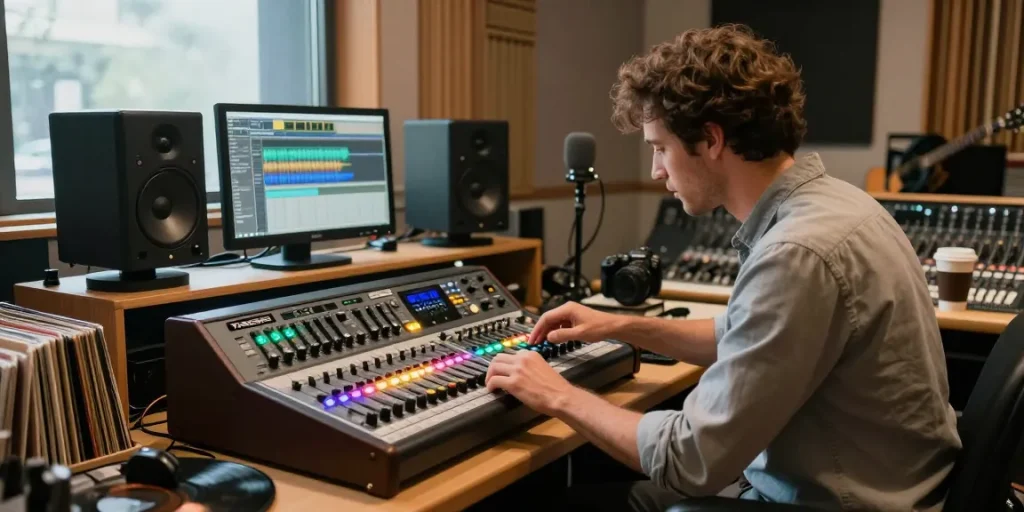 Tascam DA88 digital multitrack recorder in a vintage music studio, sound engineer adjusting audio levels.