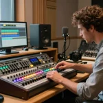 Tascam DA88 digital multitrack recorder in a vintage music studio, sound engineer adjusting audio levels.