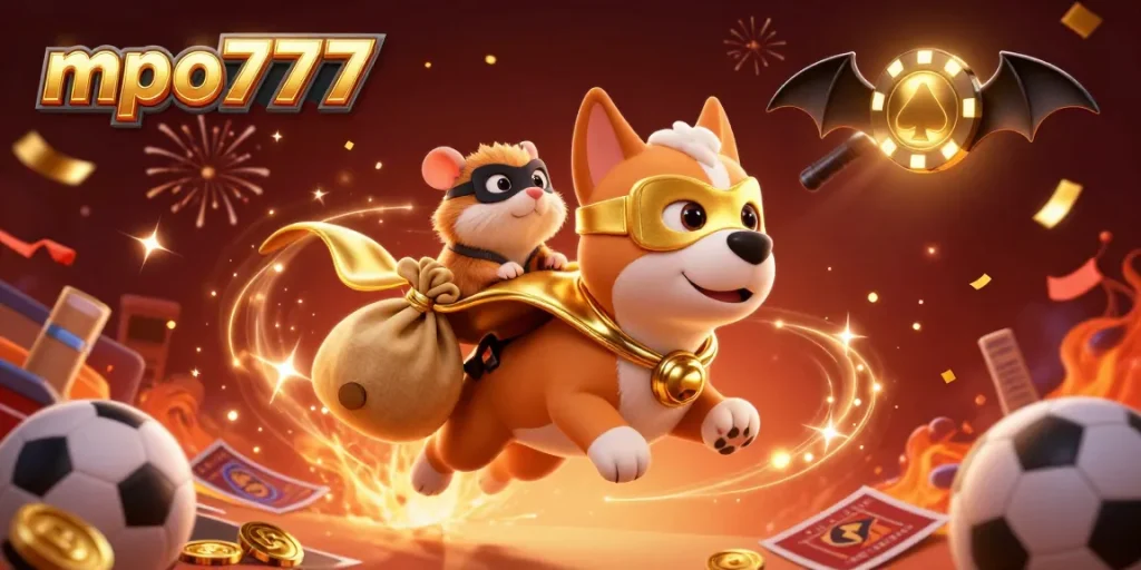 Bet on exciting sports action with mpo777, featuring a superhero dog and a hamster amidst celebration and dynamic gambling elements.