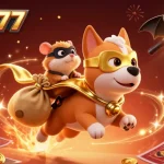 Bet on exciting sports action with mpo777, featuring a superhero dog and a hamster amidst celebration and dynamic gambling elements.