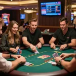 FLY88 players engaging in an exciting poker game, showcasing high stakes in a modern online casino.
