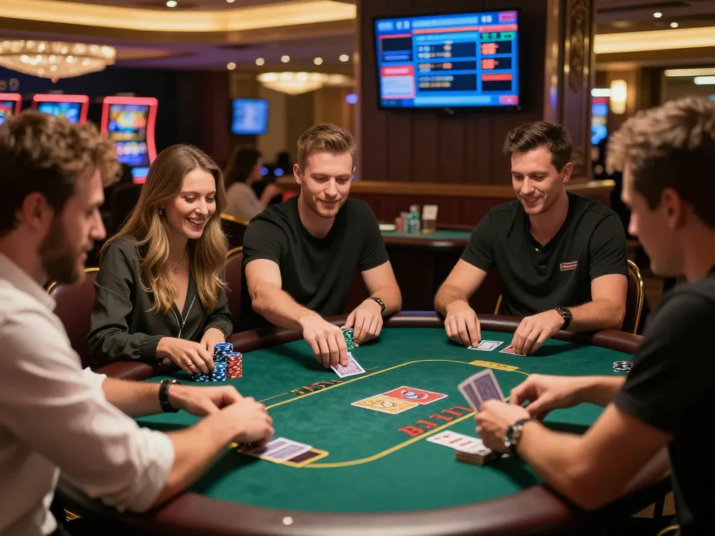 FLY88 players engaging in an exciting poker game, showcasing high stakes in a modern online casino.