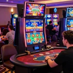 Players enjoying a lively gaming experience at 789Club, surrounded by 3D neon displays and bustling casino ambiance.