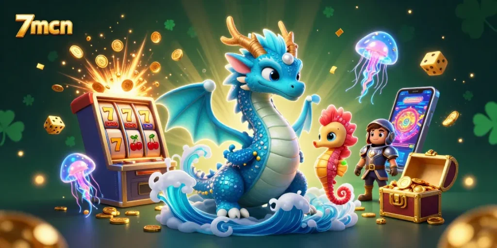 Immerse in 7mcn's vibrant casino scene with glowing characters and jackpot excitement.