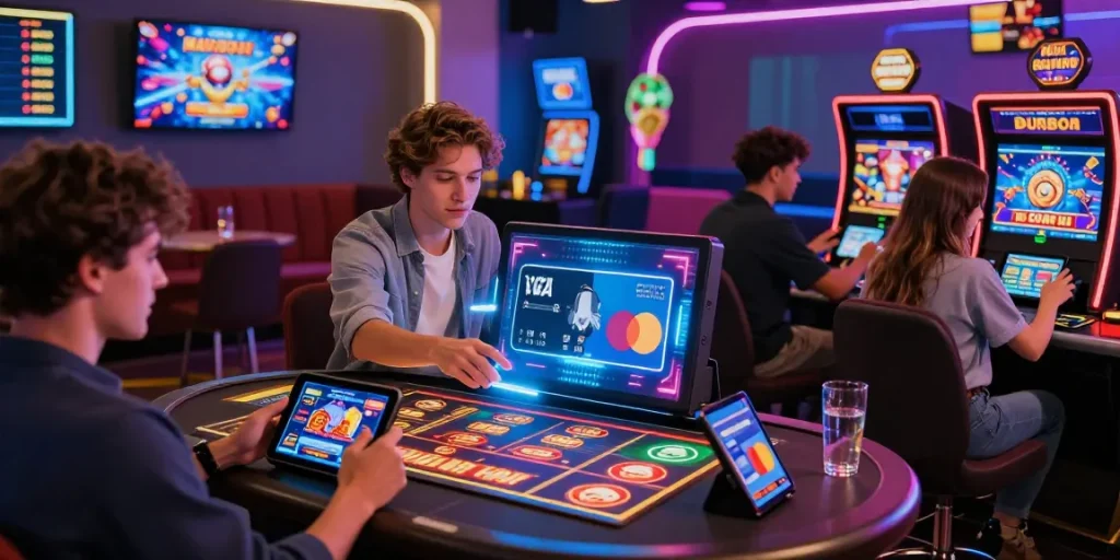 Dynamic casino gaming scene featuring players engaging with credit card options at chps.org.uk, highlighting the excitement of online gaming.
