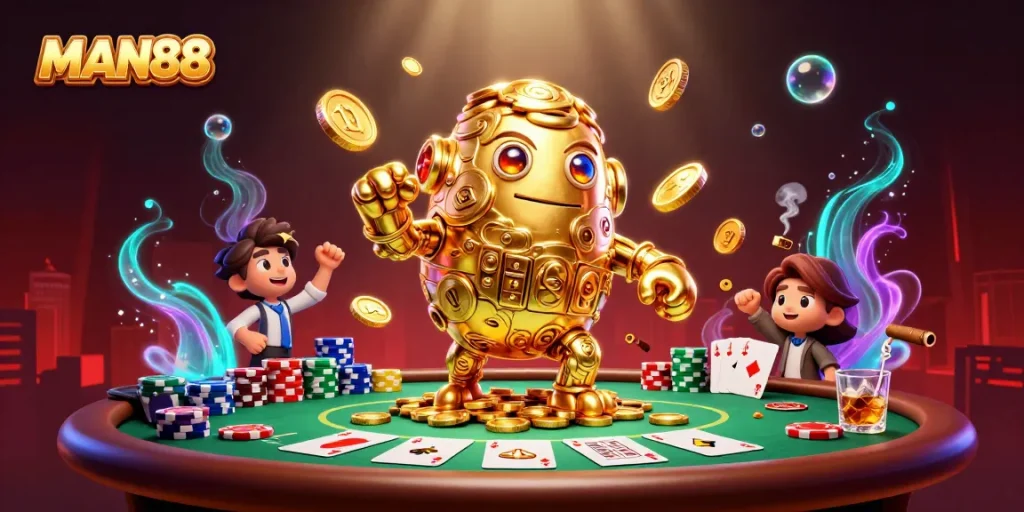 Experience the excitement of MAN88 with a vibrant illustration depicting casino elements and golden treasures.