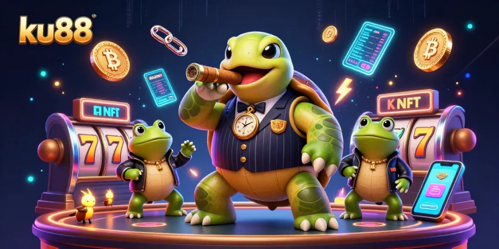 Experience the vibrant world of ku88 with vivid casino characters and 3D crypto elements in action.