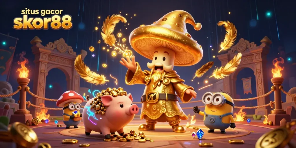 Experience excitement with situs gacor skor88 as golden mushroom wizard conjures treasures, creating a magical casino atmosphere.