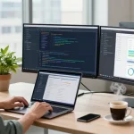 快连 software developer at a modern workspace, showcasing coding and analytics on dual monitors, conveying a productive atmosphere.