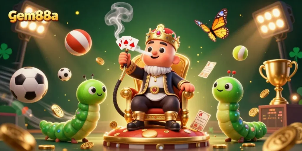 Engage in thrilling gameplay at gem88a, featuring a vibrant 3D scene with casino elements and charismatic characters.