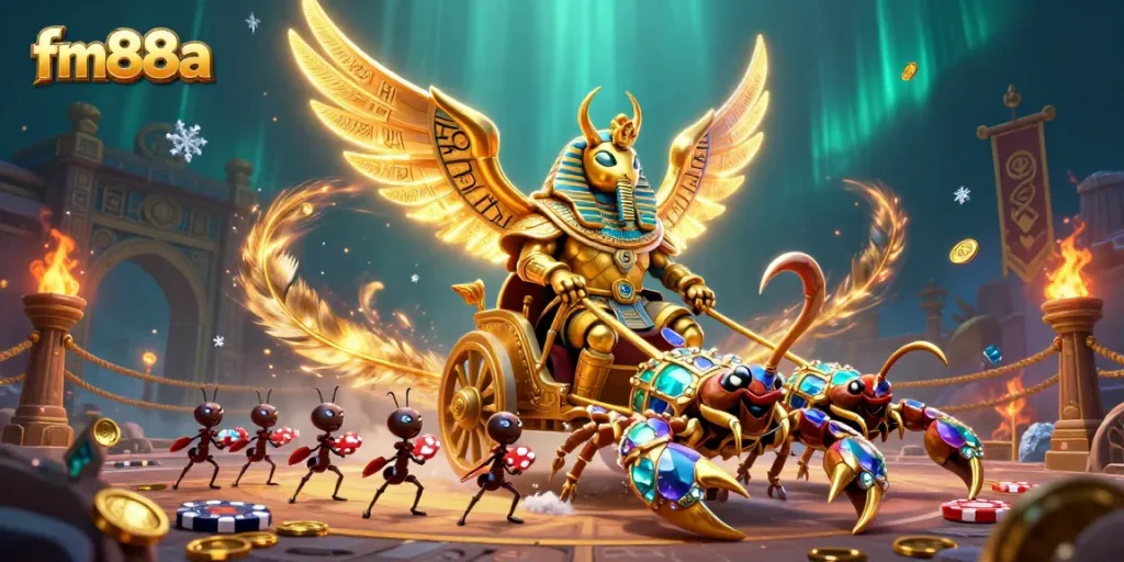 Engage with thrilling gameplay at fm88a as the golden scarab beetle leads a chariot filled with poker chips and treasure.