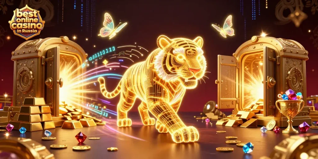 Experience the thrill at the best online casino in Russia with vibrant gaming elements and a rich digital backdrop.