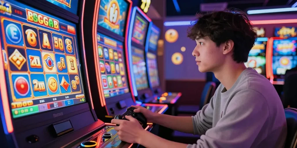 Excited player enjoying cocomaya bonus buy slots in a vibrant online gaming environment with neon lights.