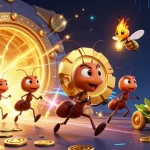 SUNWIN team of ants orchestrating a grand heist with a giant poker chip in a vibrant casino vault.