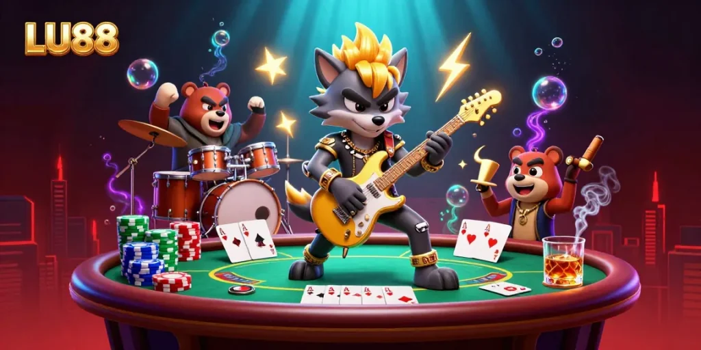 LU88 brings excitement with its vibrant casino scene featuring a rock star wolf and a drummer bear