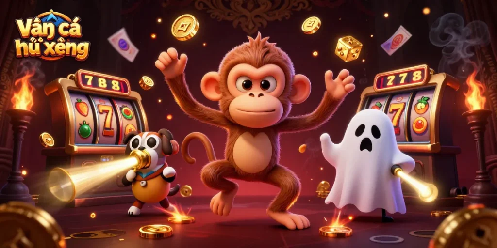 Engage with intense Anda cá nổ hũ xèng gaming action in this vibrant casino scene.