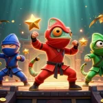 Engage in thrilling gaming action at okfun with vibrant 3D ninja chameleons battling among casino riches.