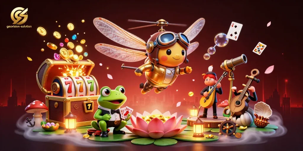 Experience winning strategies with geovision-solution at the vibrant lily pad casino with unique characters.