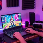 Person enjoying an ecchi simulator game in a vibrant gaming nook with interactive visuals.