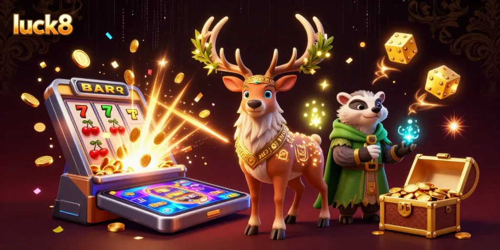 Engage with luck8's vibrant casino adventure featuring a Celtic stag, badger, and rewarding slots.