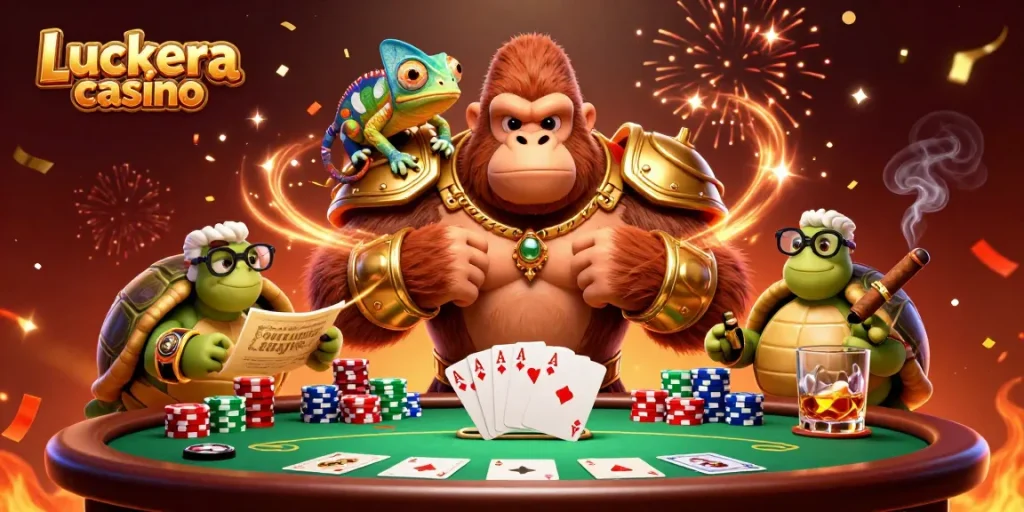 Engage in the thrilling Luckera casino experience with animated characters showcasing vibrant casino elements.