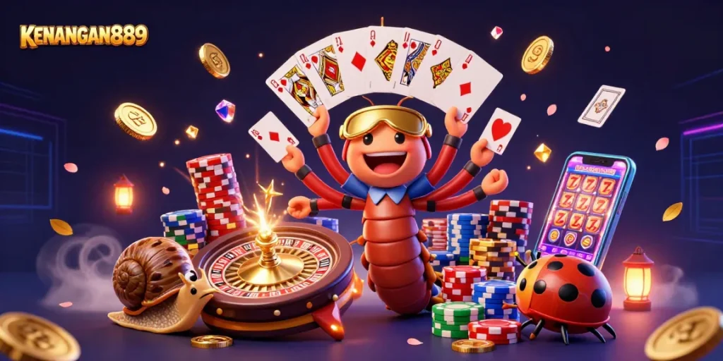 KENANGAN889 showcases a vibrant casino scene with a unique dealer and exciting game elements.
