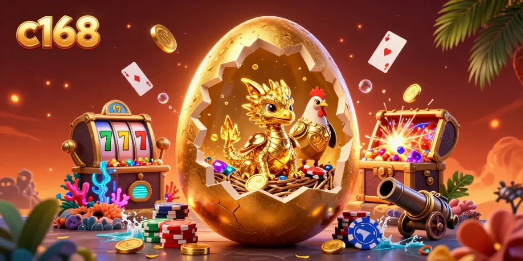 Experience the excitement of c168 with a golden dragon and poker chips in a vibrant casino scene.
