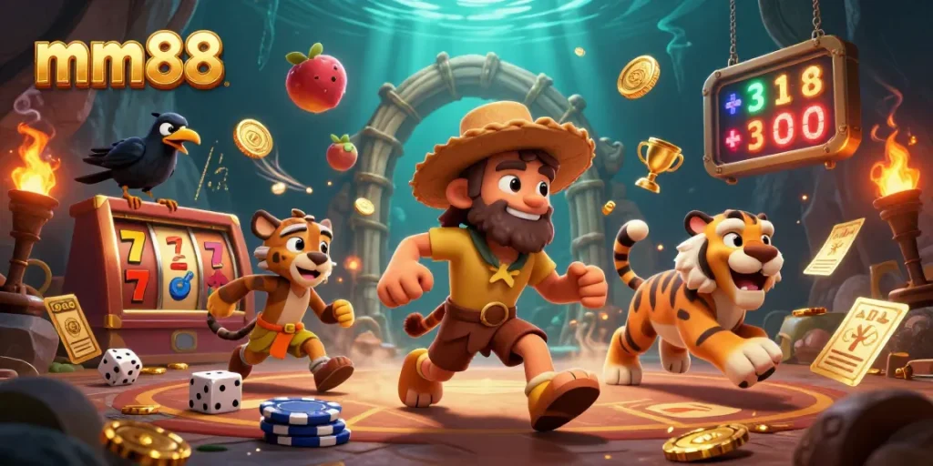 Experience gaming at mm88 with lively characters in a prehistoric casino aesthetic.