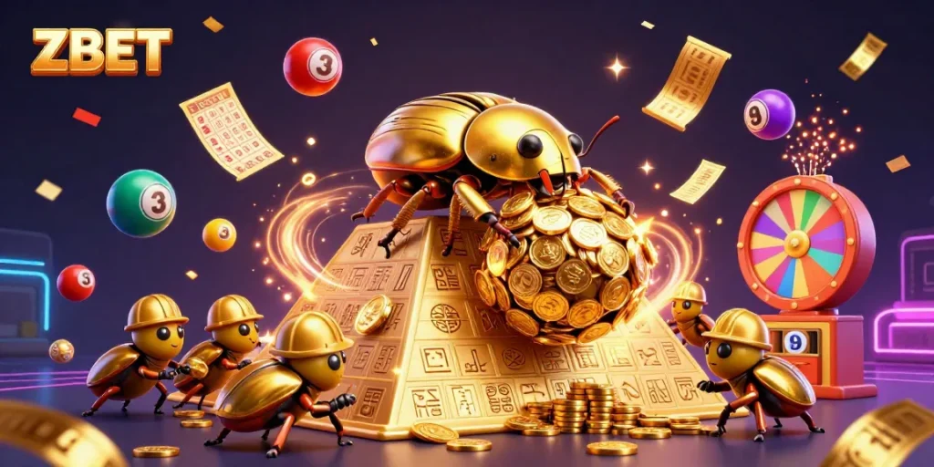 ZBET ignites excitement as golden beetles roll coins in a vibrant casino dynamic.