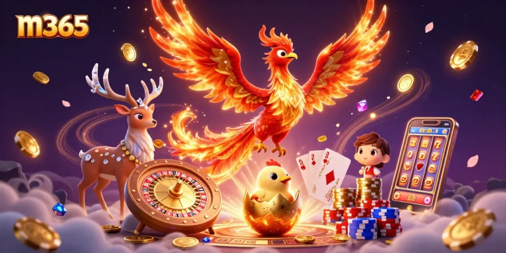 Experience the thrill of m365 with the majestic fire phoenix and vibrant casino elements in a dynamic setting.
