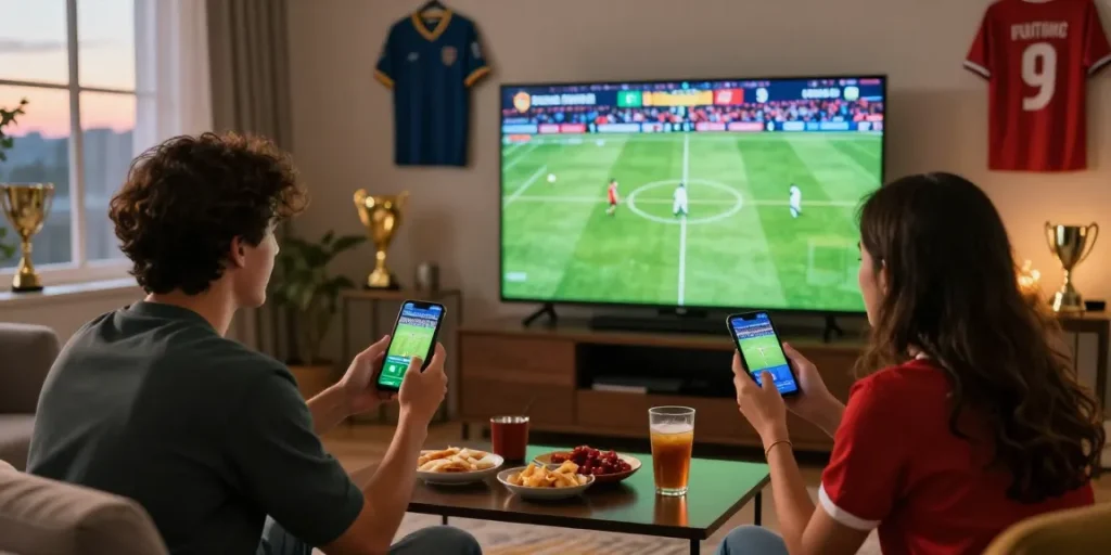 Puntowin Paraguay online gaming scene with enthusiastic users betting during a live football match, showcasing excitement and engagement.