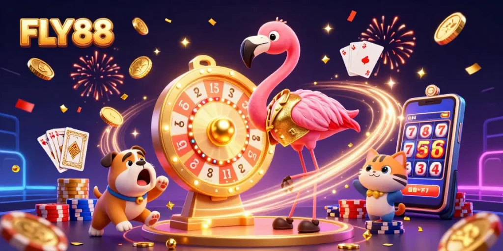 FLY88 casino scene showcasing excitement with coins, playing cards, and prizes.