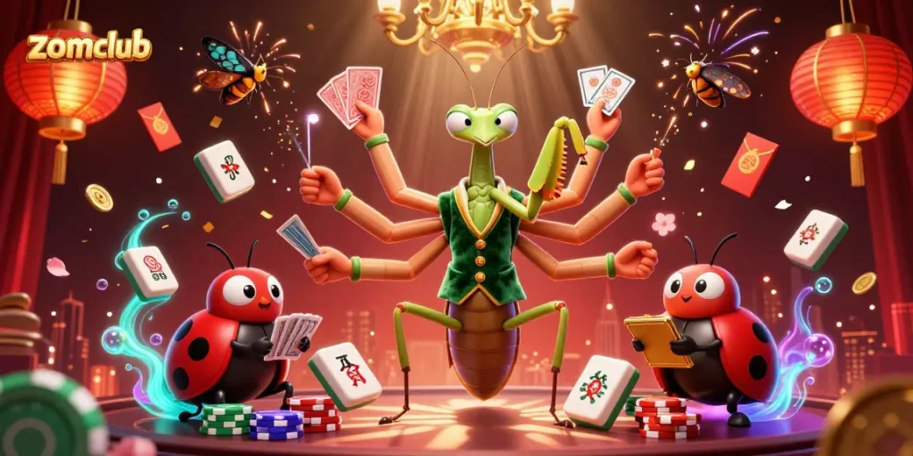 Strategically engaging in the joy of zomclub, a colorful casino scene with vibrant characters and action.