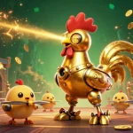Engage with 88CLB as a golden rooster robot leads a vibrant casino scene filled with excitement and betting action.