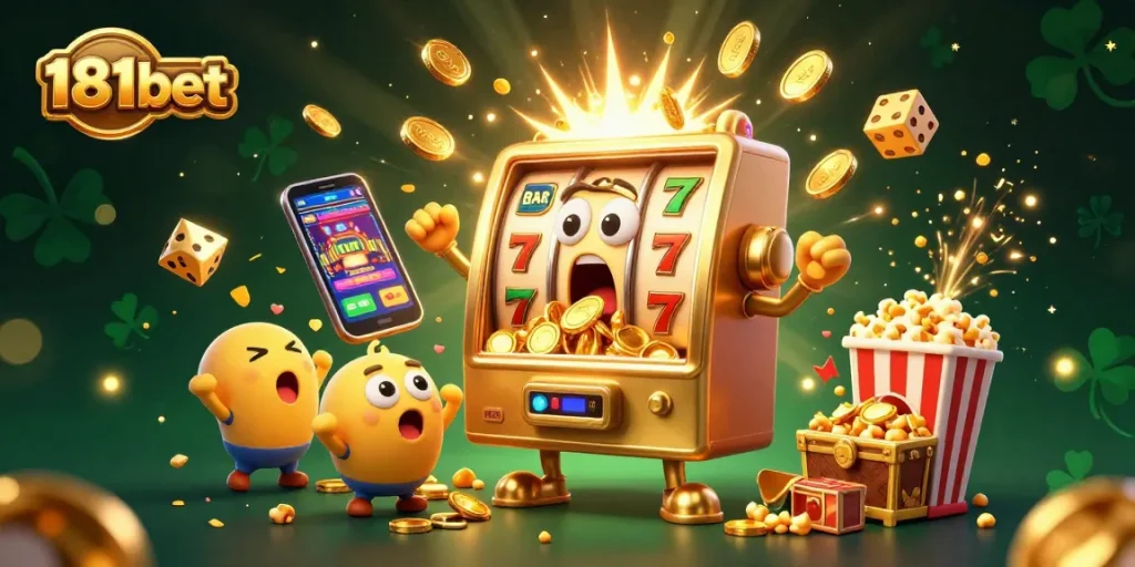 Experience the thrilling jackpot at 181bet with a cheerful golden slot machine celebrating wins!