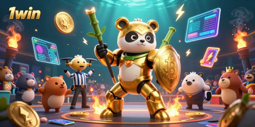 Win big at 1win: Mech-suit golden panda battles in a vibrant online casino scene.