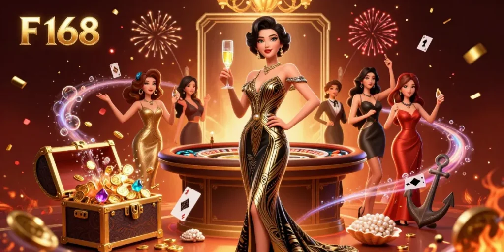 Spin the reels and discover golden moments at F 168 in this vibrant casino illustration.