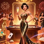 Spin the reels and discover golden moments at F 168 in this vibrant casino illustration.