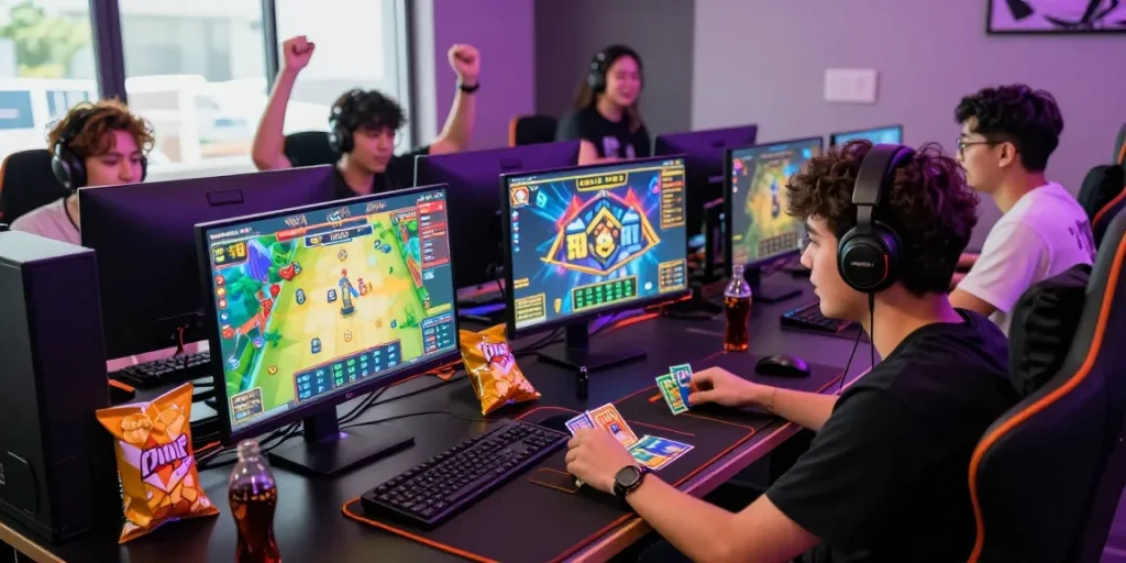 Pemain seru bermain 68 game bài di depan komputer dengan suasana gembira.