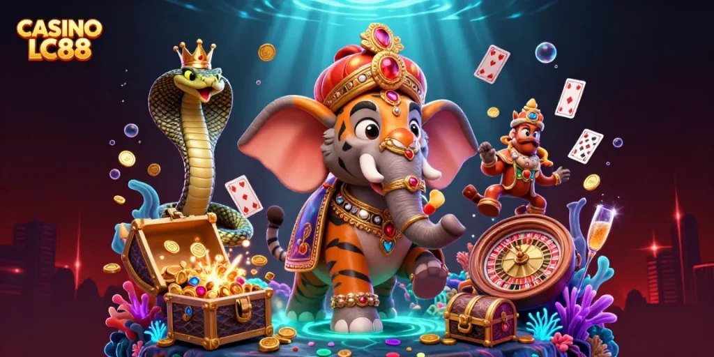 CASINO LC88 presents a vibrant illustration of a maharaja tiger and a jewel elephant, celebrating the excitement of online gaming.