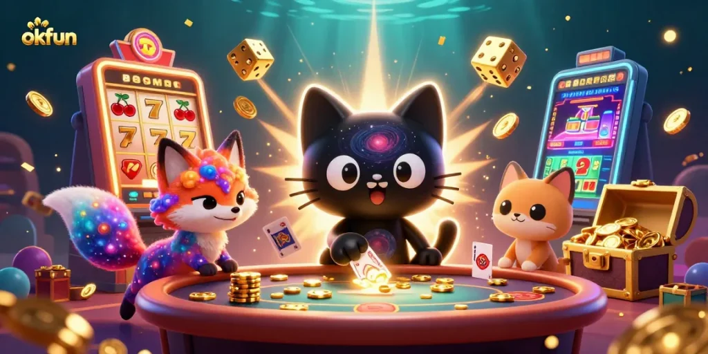 Experience excitement at okfun with swirling galaxies, slot machines, and colorful casino characters