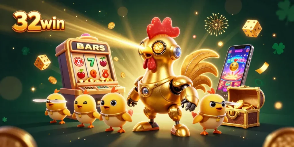 Experience thrilling gaming action at 32win with a dynamic 3D illustration of a golden rooster robot and casino game elements.