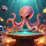 LU88 alien octopus engaging at a holographic poker table, showcasing dynamic gambling excitement.