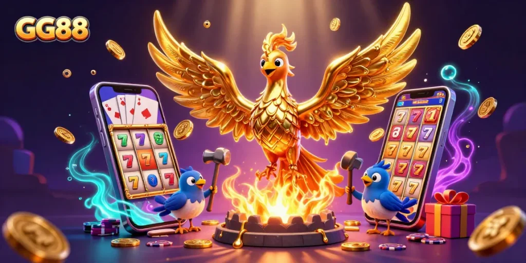Engage with GG88's thrilling gaming experience featuring a molten phoenix and vibrant casino elements.